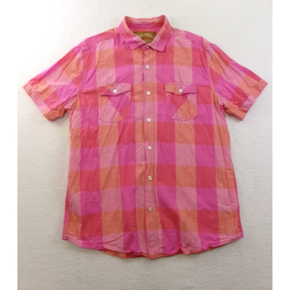 Red Camel Pink Orange Buffalo Plaid Short Sleeve Cotton Button Down Shirt Large
